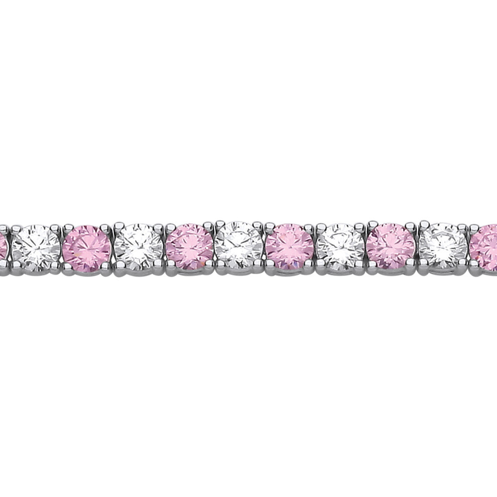 Jewelco London Ladies Rhodium Plated Sterling Silver Pink CZ 4 Claw Eternity Line Tennis Bracelet 3mm 5.5 inch - GVB094P-5.5