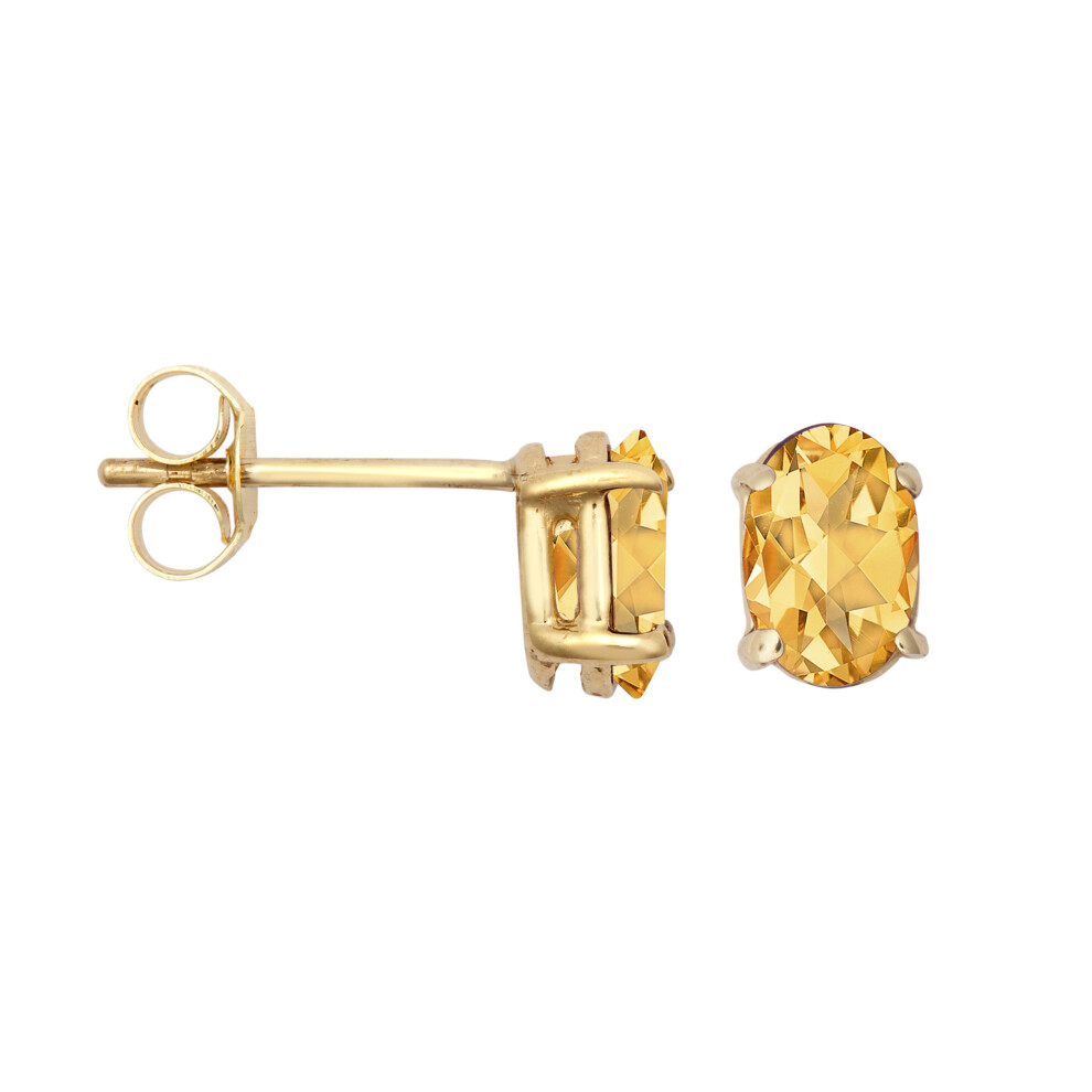 9ct Gold  Amber Oval Citrine 4 Claw Solitaire Stud Earrings, 6x4mm - JES371