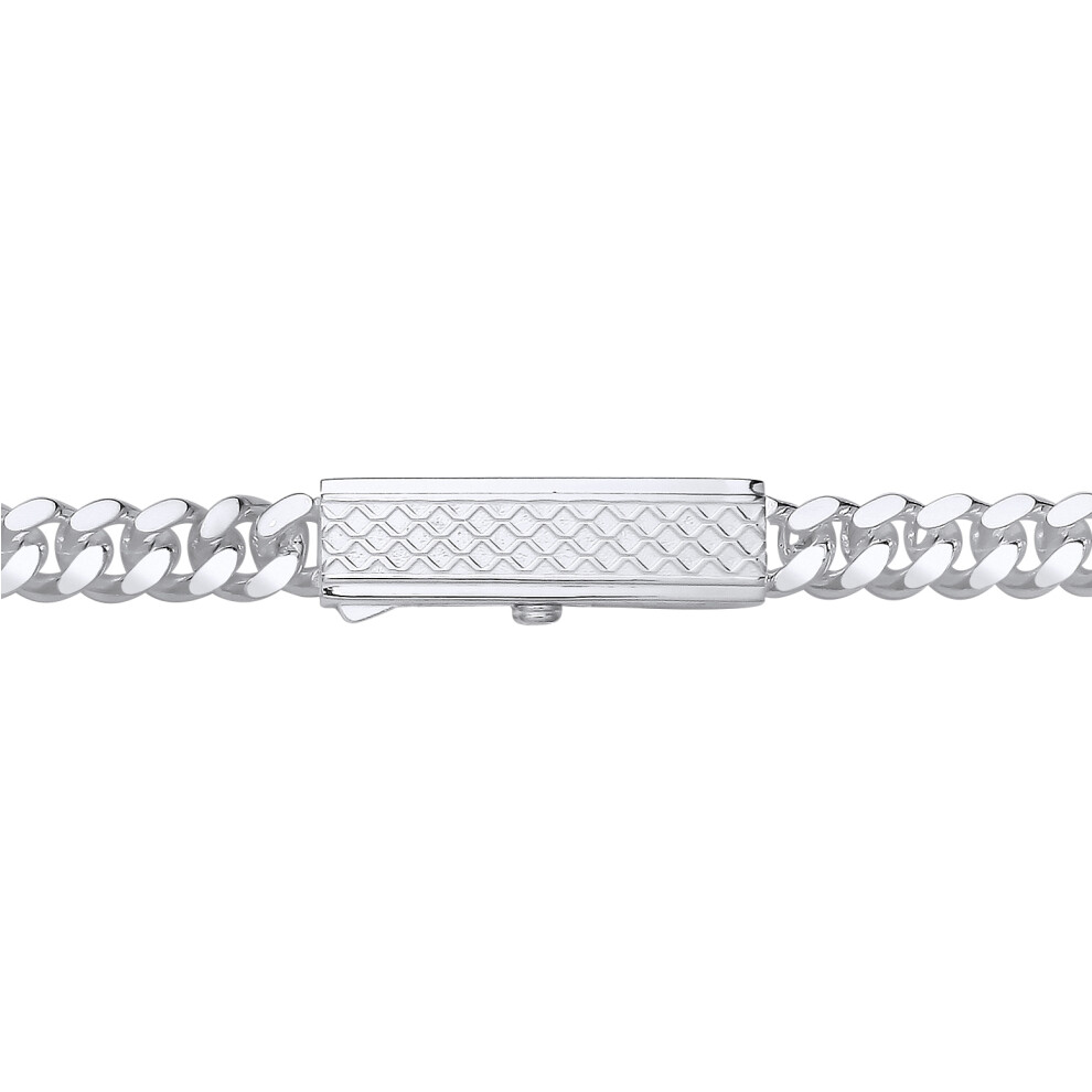 Jewelco London Mens Rhodium Plated Sterling Silver Engine Turned Rectangular Bar Buckle Curb Chain Bracelet 9mm 8.5 inch - GVB575