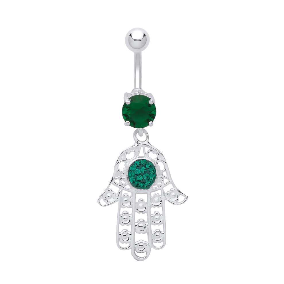 Jewelco London Ladies Sterling Silver Green Crystal CZ Hamsa 5 Hand Solitaire with Stainless Steel Belly Bar & Ball - GBB56