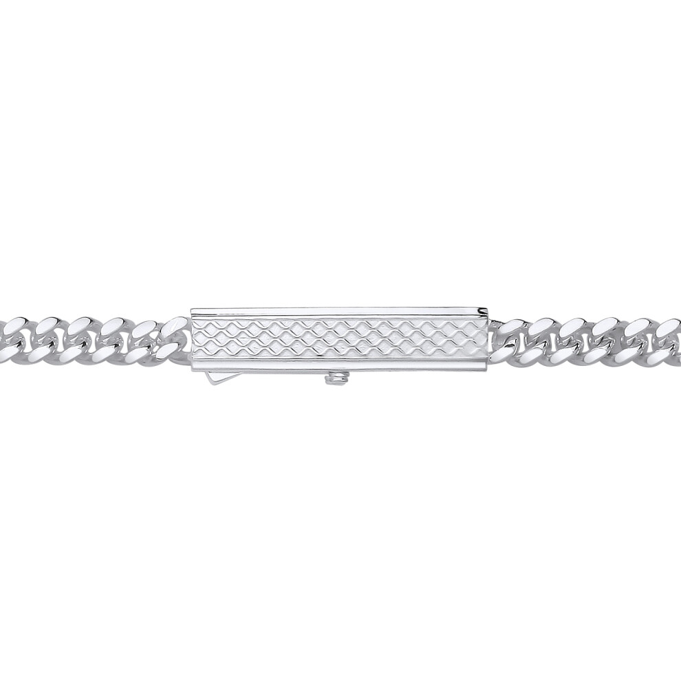Jewelco London Mens Rhodium Plated Sterling Silver Engine Turned Rectangular Bar Buckle Curb Chain Bracelet 6mm 8.5 inch - GVB574