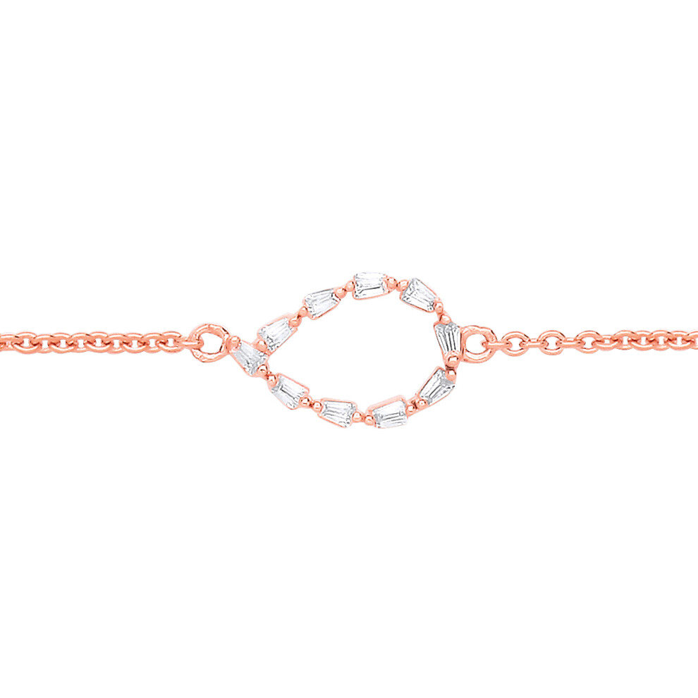Jewelco London Ladies Rose Gold-Plated Sterling Silver Baguette CZ Flame Raindrop Rolo Charm Bracelet 7.25 + 1 inch - GVB568