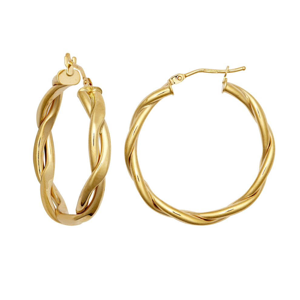 9ct Gold  Double Tube Plait 4mm Hoop Earrings 30mm - JER788A