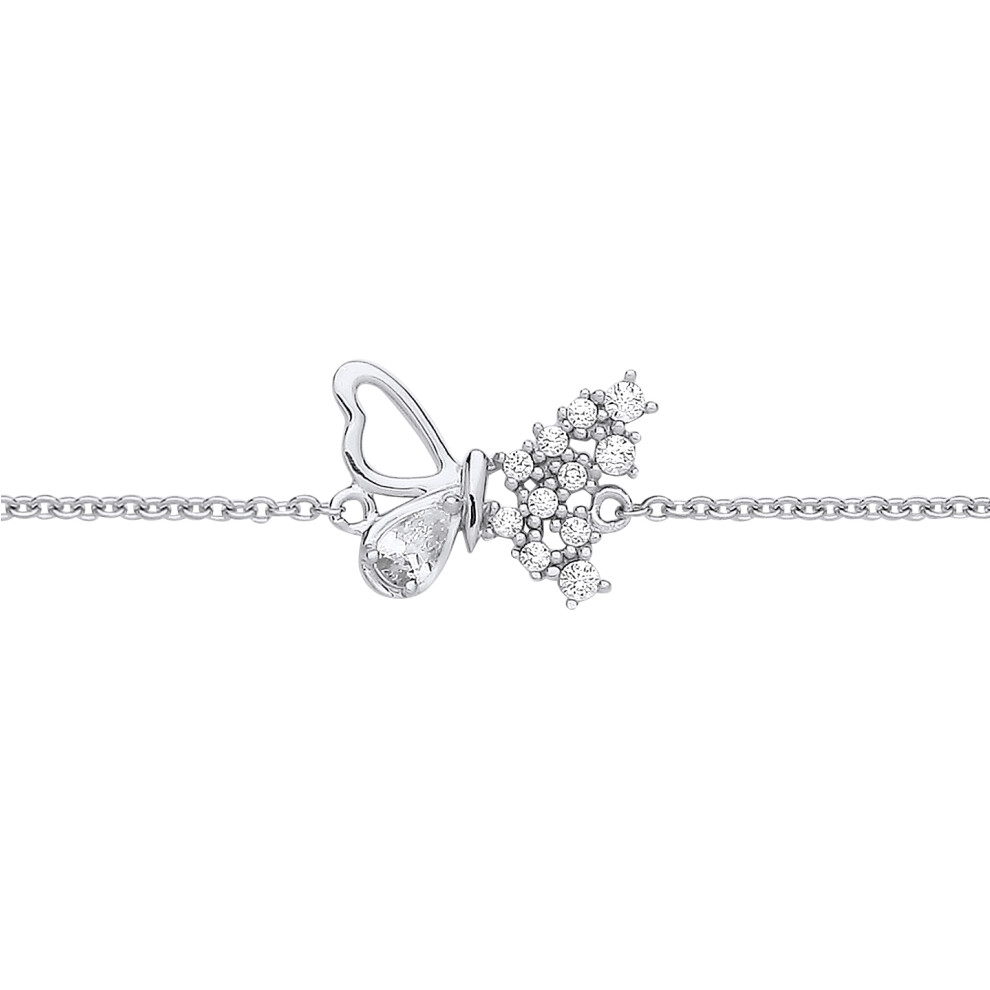 Jewelco London Ladies Rhodium Plated Sterling Silver Pear CZ Frosted Butterfly Rolo Charm Bracelet 7.25 + 1 inch - GVB571