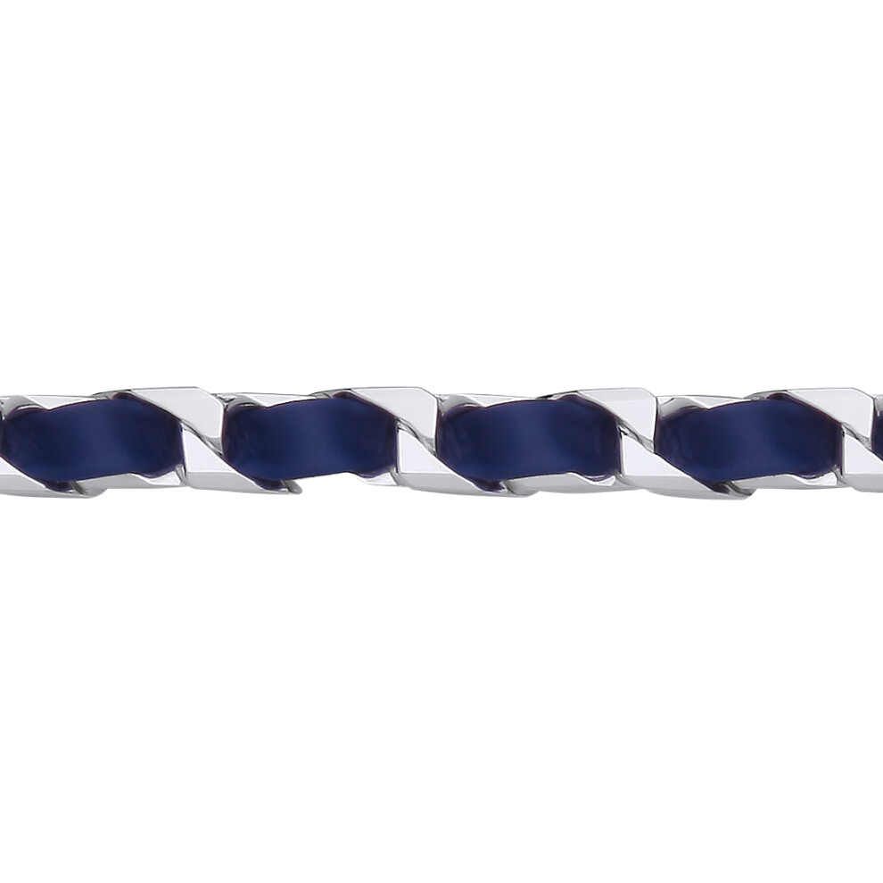 Jewelco London Mens Rhodium Plated Sterling Silver Leather Ribbon Square Curb Chain Bracelet 8mm 8.5 inch - GVB580