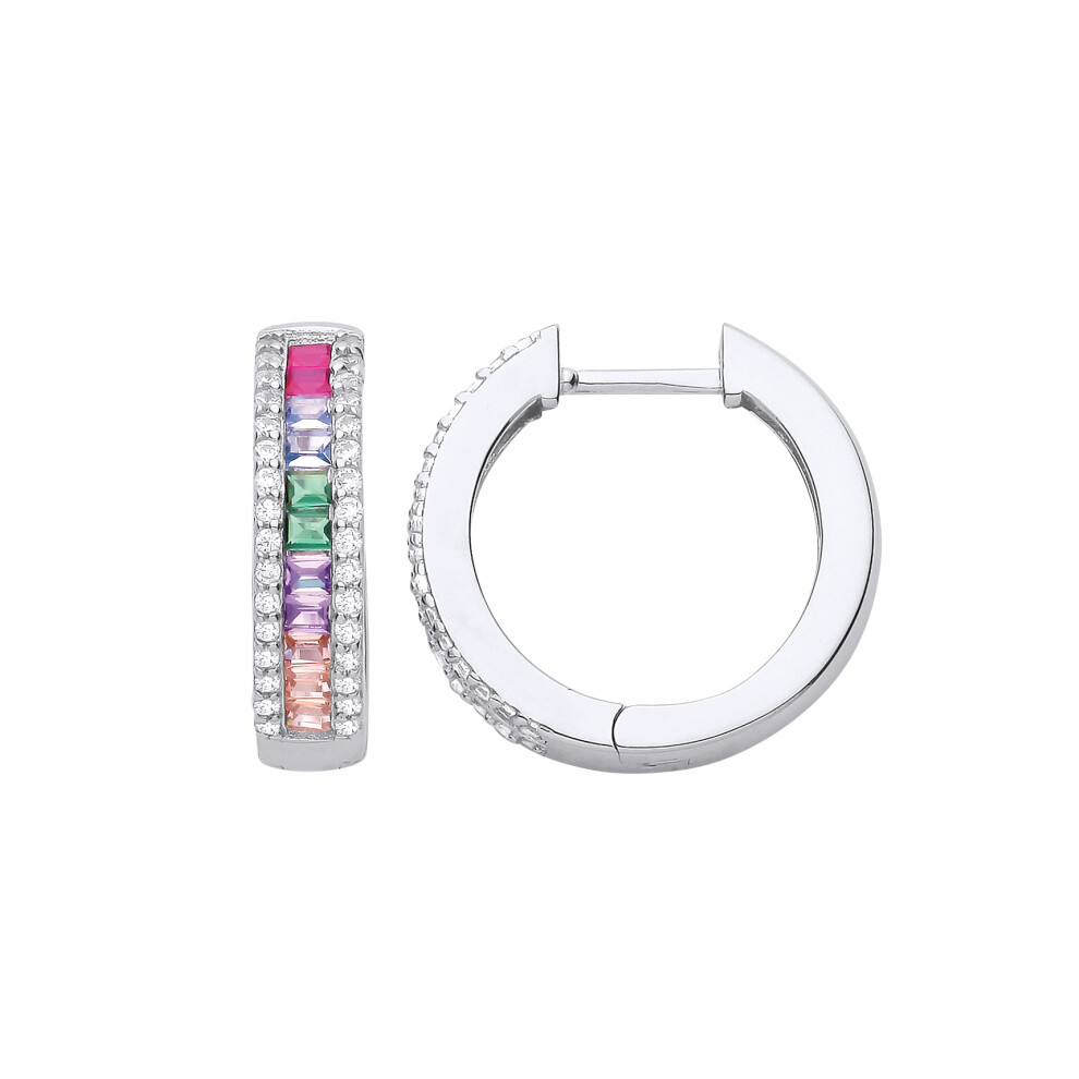 Silver CZ Coral Rainbow Huggie Hoop Earrings - EAG1029