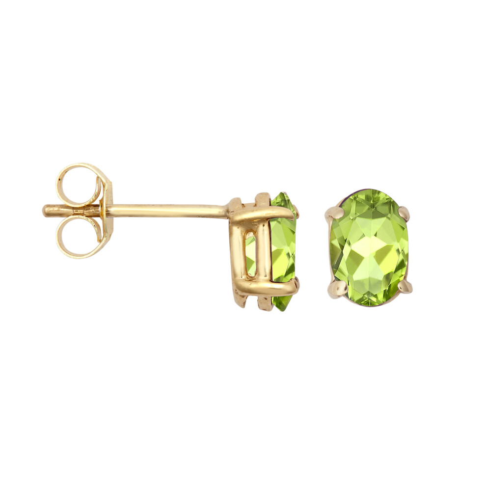 Jewelco London Ladies 9ct Yellow Gold Light Green Oval Peridot 4 Claw Solitaire Stud Earrings, 6x4mm - JES373