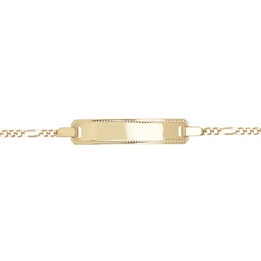 Jewelco London Ladies Solid 9ct Yellow Gold Mill Grain Edge Frame Figaro Identity ID Bracelet, 7.5 inch 19cm - JID040-7.5