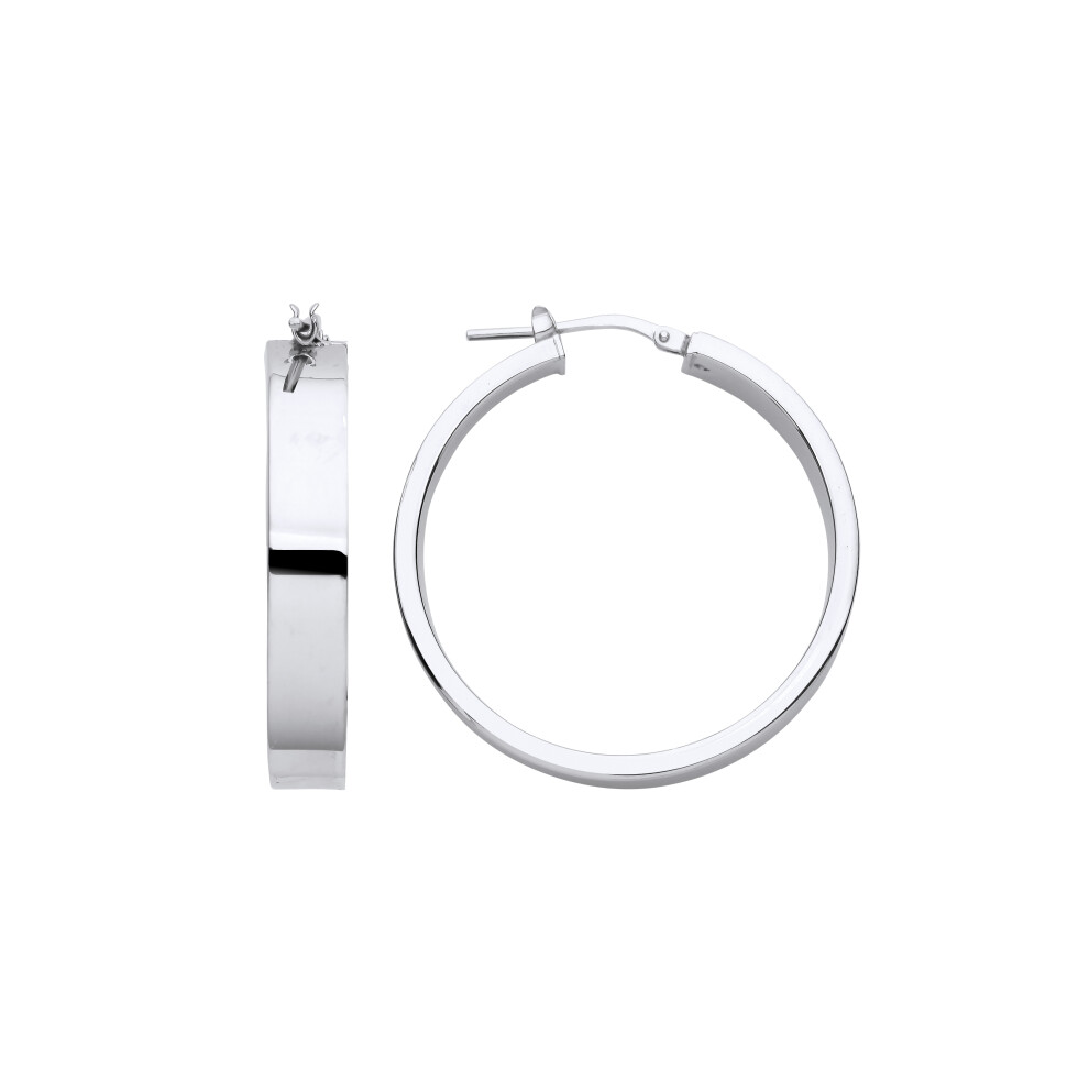 Jewelco London Ladies Rhodium Plated Sterling Silver Rectangular Tube Flat Band Hoop Earrings 32mm 6mm - ER132