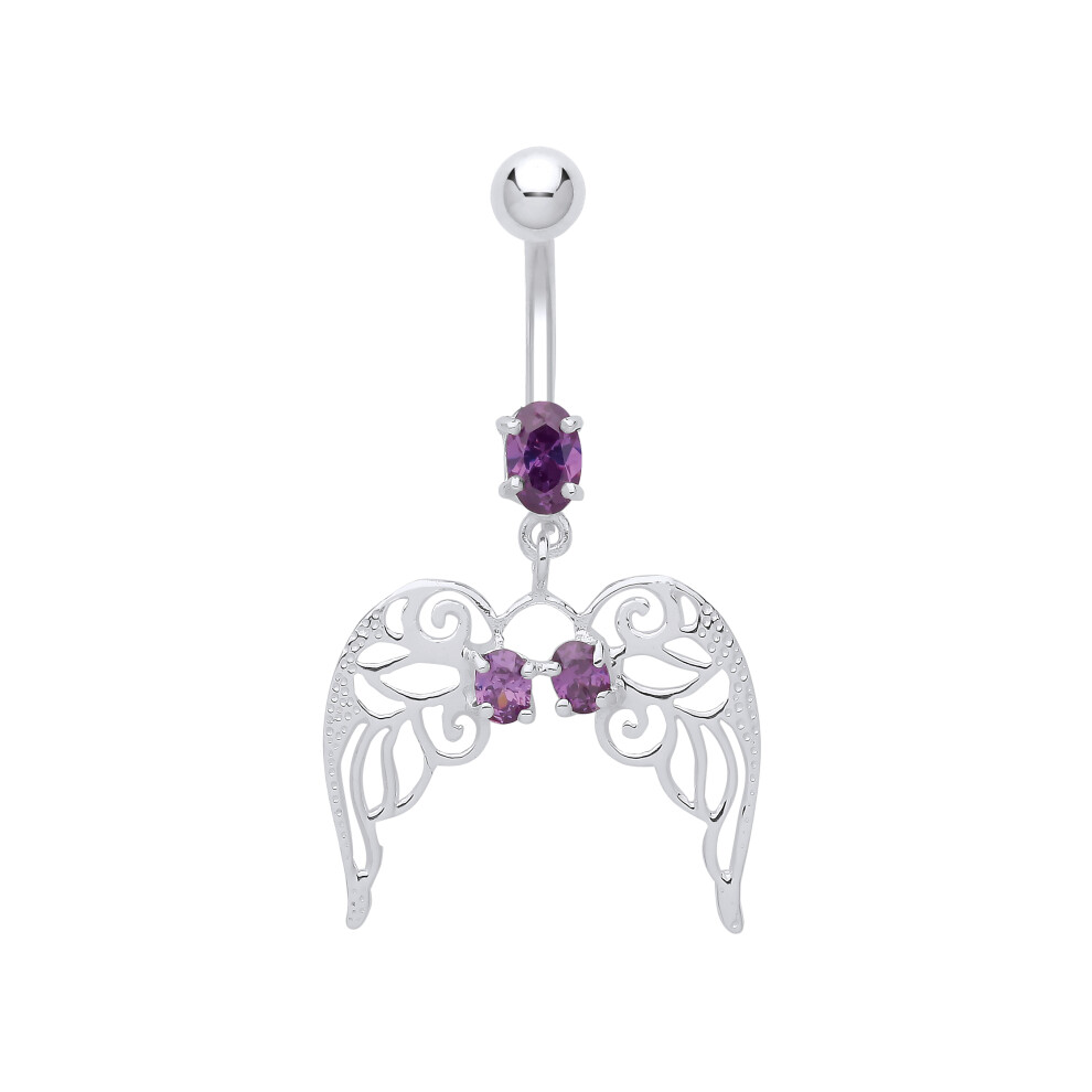 Jewelco London Ladies Rhodium Plated Sterling Silver Purple Oval CZ Angel Wings with Stainless Steel Belly Bar & Ball - GBB57