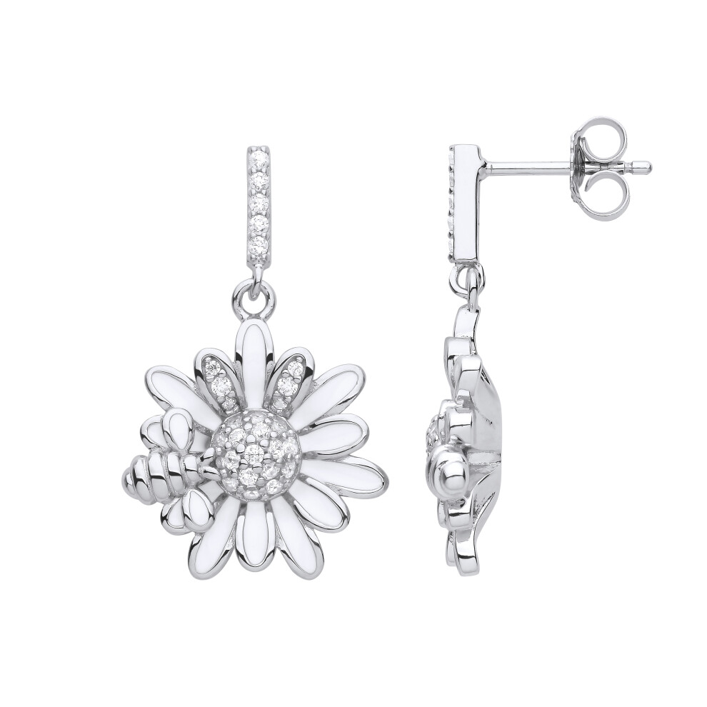 Jewelco London Ladies Rhodium Plated Sterling Silver CZ Honey Bee Daisy Sunflower Drop Earrings - EAG1137