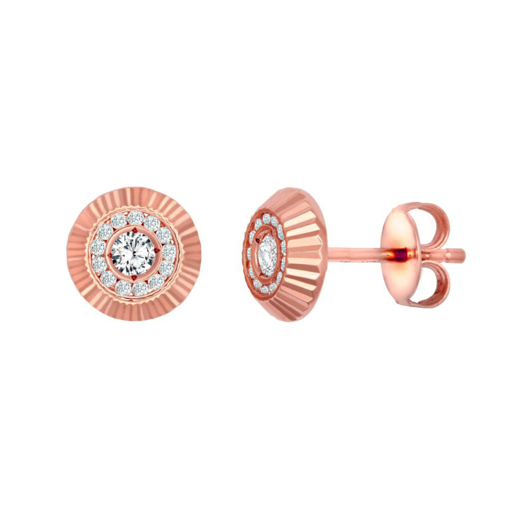 Jewelco London Unisex Solid 9ct Rose Gold White Round Brilliant Cubic Zirconia Fluted Sunburst Bezel Stud Earrings, 8mm - JES351