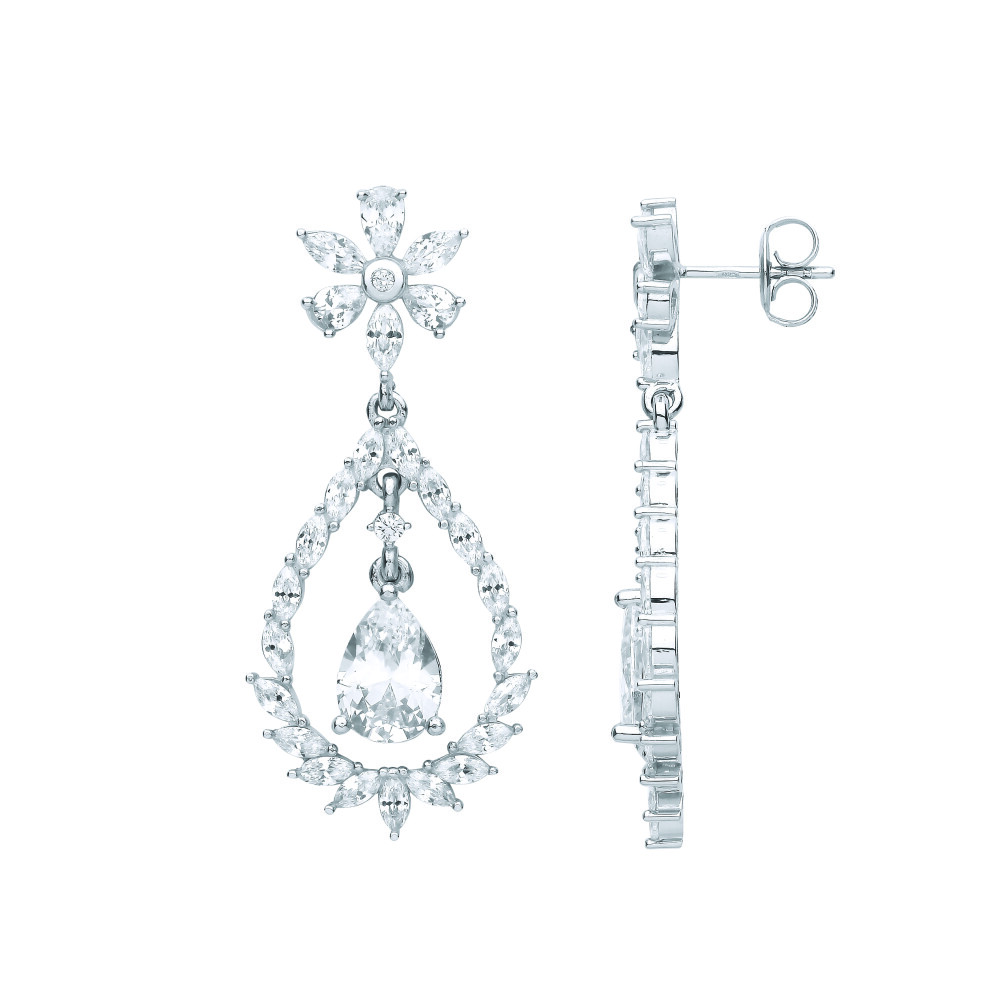 Jewelco London Ladies Rhodium Plated Sterling Silver Pear Marquise CZ Fiery Snowflake Chandelier Drop Earrings - EAG1084