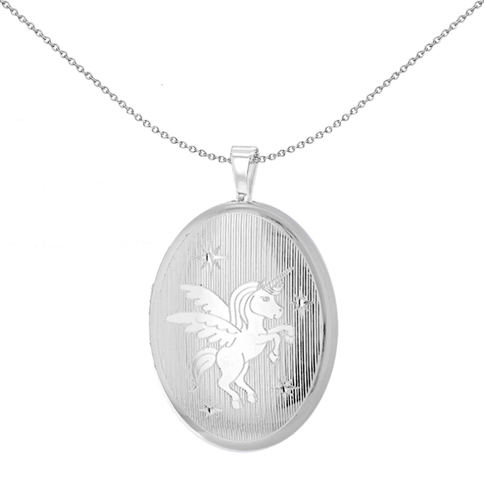 Jewelco London Sterling Silver Winged Angel Unicorn Oval Locket Pendant 26mm 18 inch - 8-65-3101