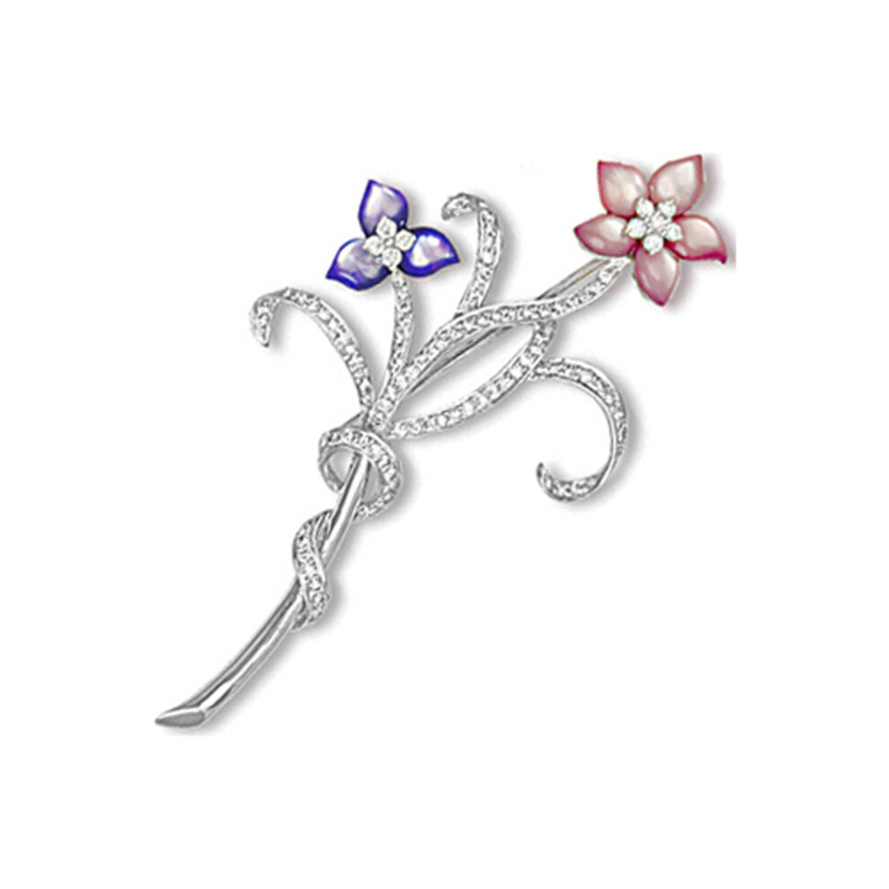 Jewelco London 18ct White Gold Pave G SI Diamond Brooch with Pink & Lilac Mother of Pearl Flower Petals - 18P109