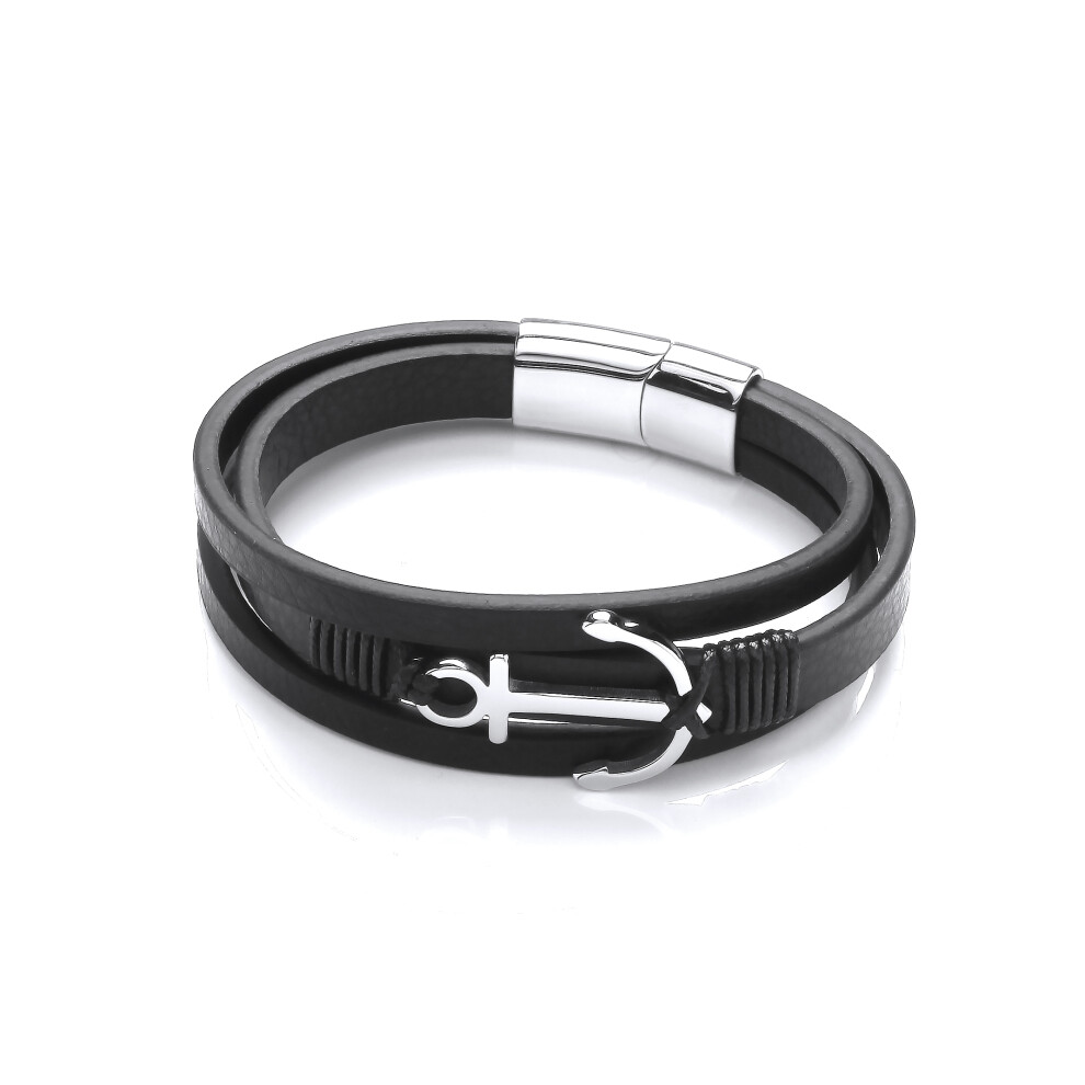 Jewelco London Mens Black Leather Stainless Steel Multi Strand Anchor Charm Strap Bracelet 8 inch - BRC199