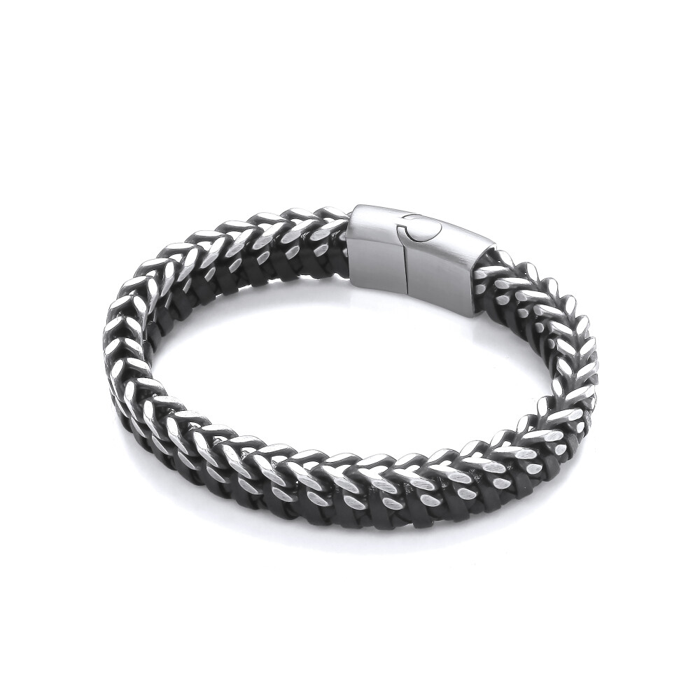 Jewelco London Mens Black Leather Stainless Steel Oxidised Interlocked Franco Curb Chain Strap Bracelet 12mm 8.5 inch - BRC198