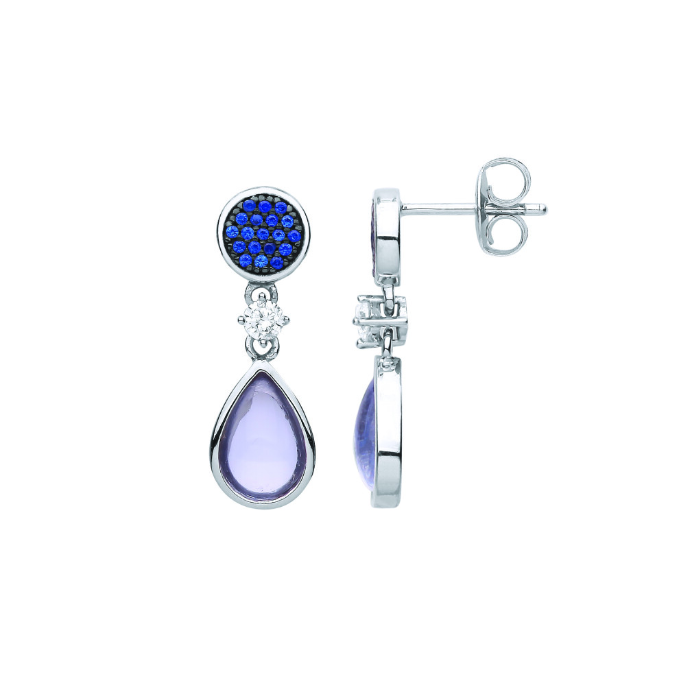 Jewelco London Ladies Rhodium Plated Sterling Silver Lilac Blue Pear CZ Icy Raindrop Pave Disc Drop Earrings - EAG1088