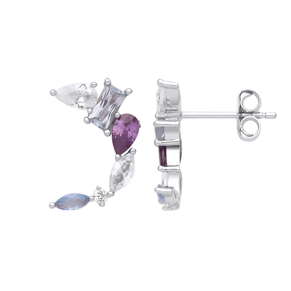 Jewelco London Ladies Sterling Silver Purple Blue Pear Radiant Marquise CZ Dolphin Arc Cluster Drop Earrings - EAG1251