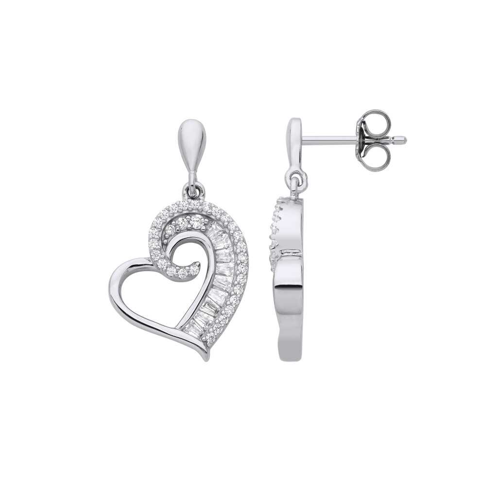 Jewelco London Ladies Rhodium Plated Sterling Silver Baguette CZ Golden Ratio Spiral Love Heart Drop Earrings - EAG1224