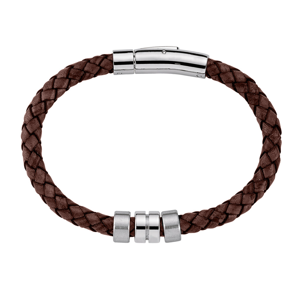 Jewelco London Mens Chocolate Brown Leather Stainless Steel Satin Ring Plain Weave Magnetic Strap Bracelet - BRC46BRN