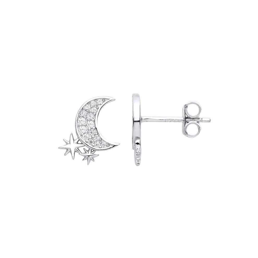 Jewelco London Ladies Rhodium Plated Sterling Silver Crescent Moon Sparkly Stars Stud Earrings - EAG1039