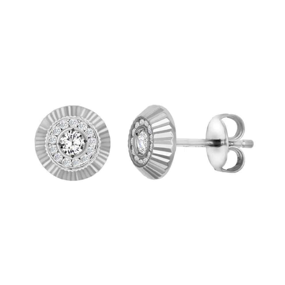 9ct White Gold  CZ Fluted Bezel Sunburst Stud Earrings, 8mm - JES349