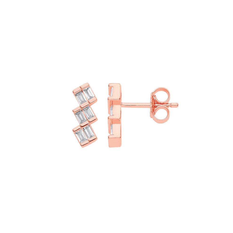 Jewelco London Ladies Rose Gold-Plated Sterling Silver Baguette CZ Stacked Blocks Stairway Drop Earrings - EAG1146