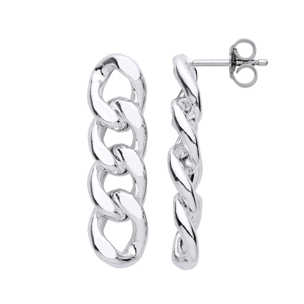 Jewelco London Ladies Rhodium Plated Sterling Silver Cuban Curb Chain 4 Links Drop Earrings - EAG1147