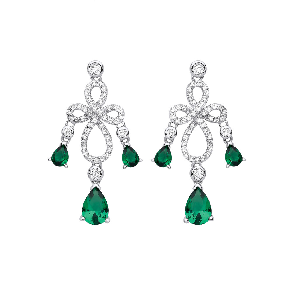 Jewelco London Ladies Rhodium Plated Sterling Silver Green Pear CZ Infinity Loop Cross Chandelier Drop Earrings - EAG1016