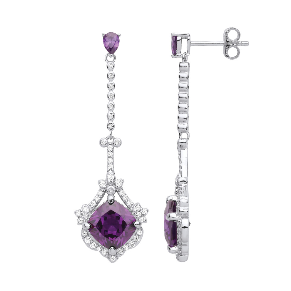 Jewelco London Ladies Rhodium Plated Sterling Silver Purple Cushion Pear CZ Flaming Comet Chandelier Drop Earrings - EAG1018