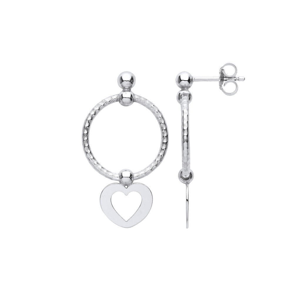 Jewelco London Ladies Platinum Plated Sterling Silver Love Heart Swing Bead Barked Hoop Drop Earrings - EAG1099
