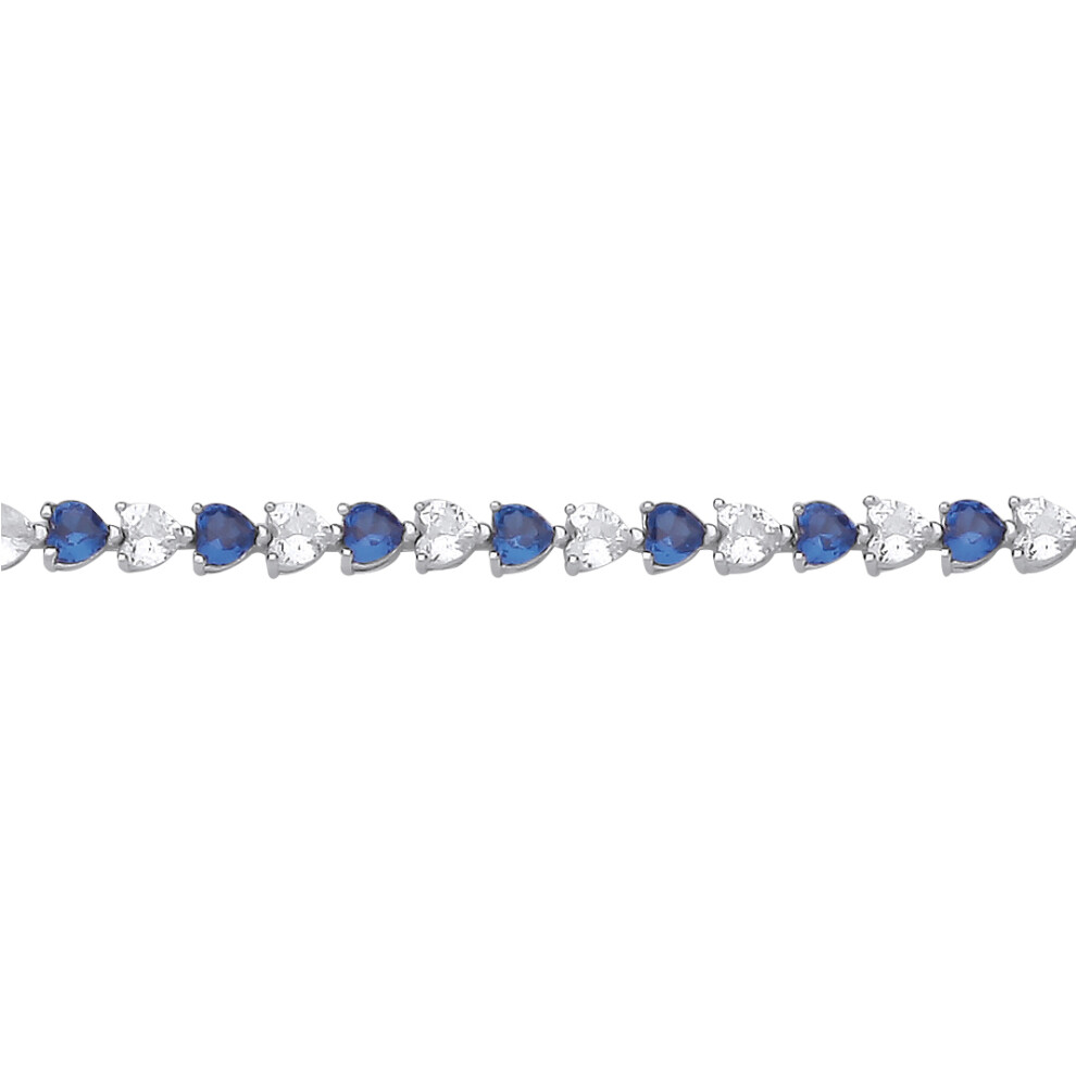 Jewelco London Ladies Rhodium Plated Sterling Silver Blue Heart CZ Alternating Eternity Tennis Bracelet 3mm 7.5 inch - GVB587SAP