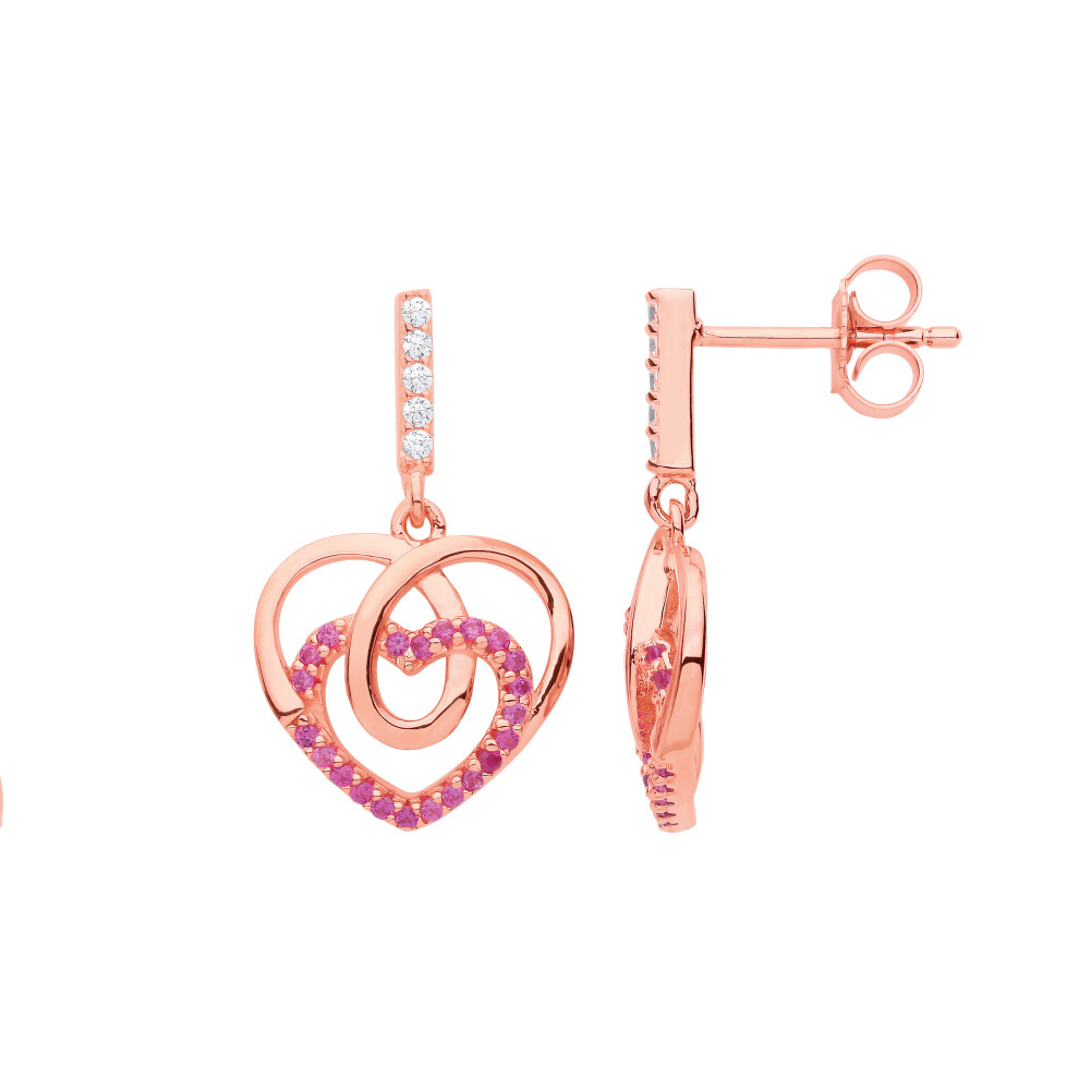 Jewelco London Ladies Rose Gold-Plated Sterling Silver Red CZ Loopy Corkscrew Love Heart Drop Earrings - EAG1144