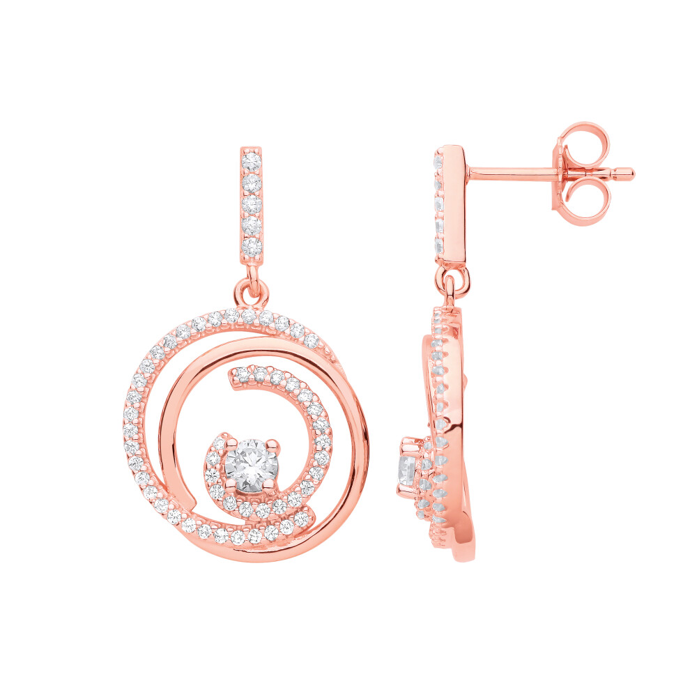 Jewelco London Ladies Rose Gold-Plated Sterling Silver CZ Tornado Spiral Solitaire Cluster Drop Earrings - EAG1143