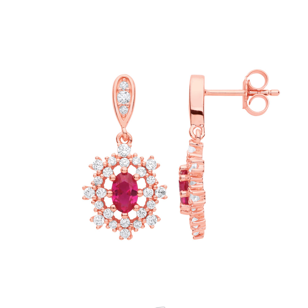 Jewelco London Ladies Rose Gold-Plated Sterling Silver Red Oval CZ 8 Point Flower Snowflake Cluster Drop Earrings - EAG1145