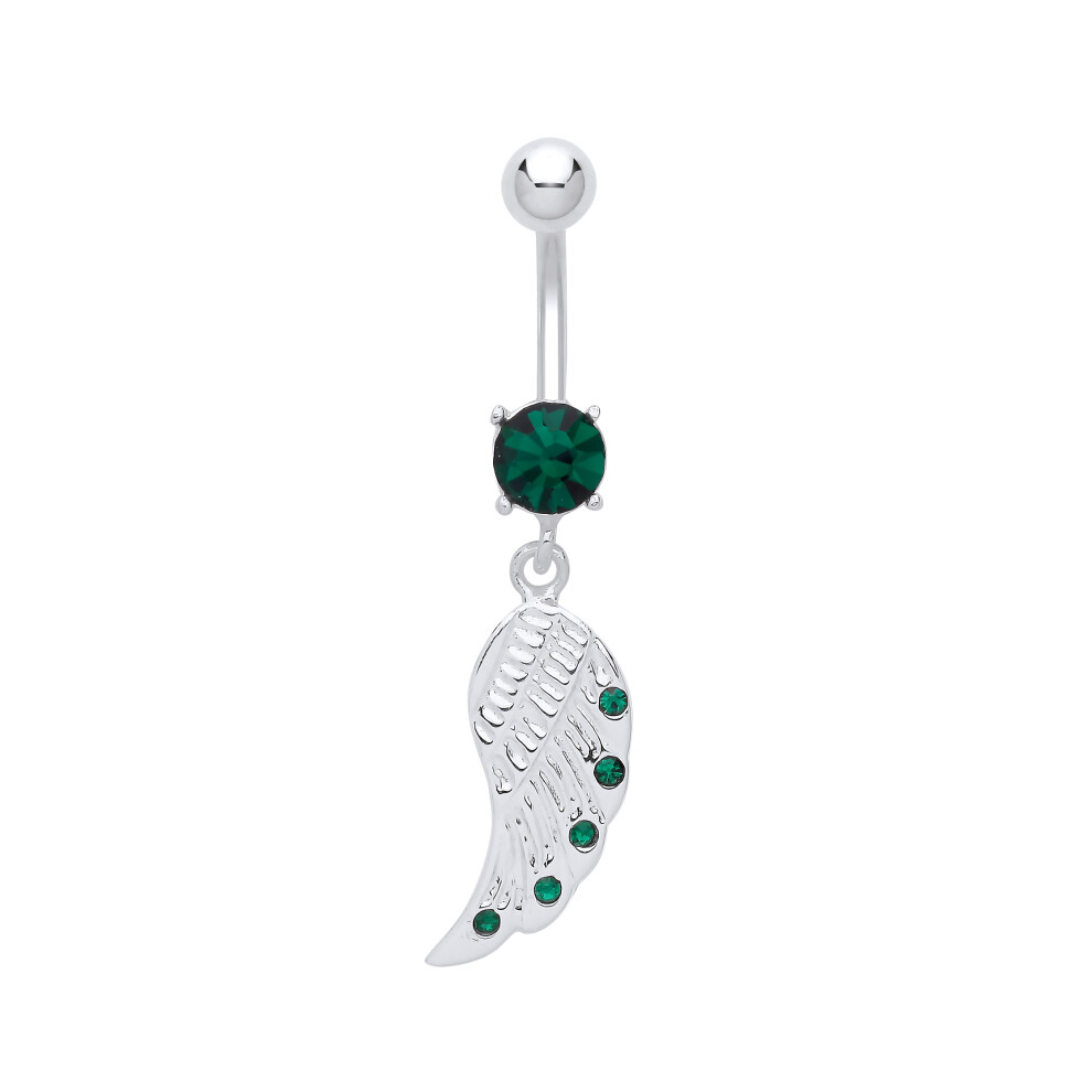 Jewelco London Ladies Sterling Silver Green Crystal CZ Angel Wing Solitaire with Stainless Steel Belly Bar & Ball - GBB59