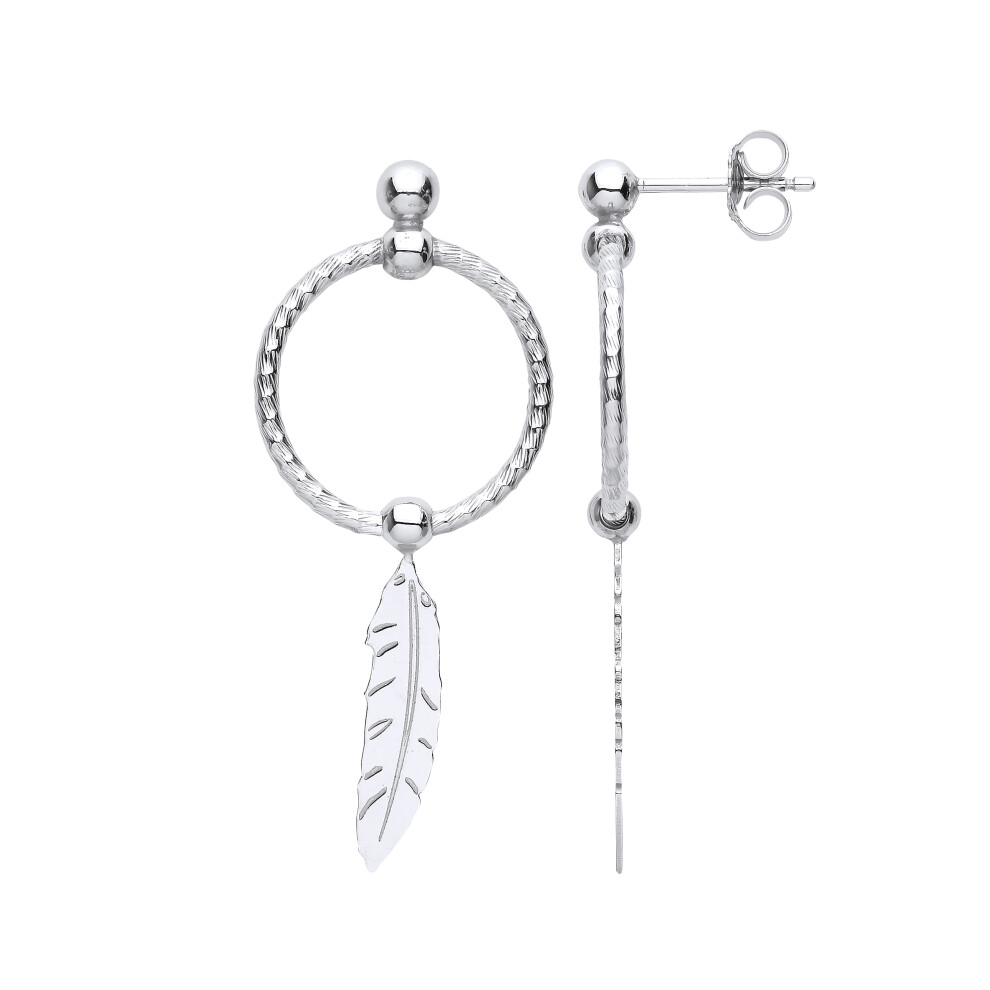 Jewelco London Ladies Platinum Plated Sterling Silver Feather Leaf Swing Bead Barked Hoop Drop Earrings - EAG1101