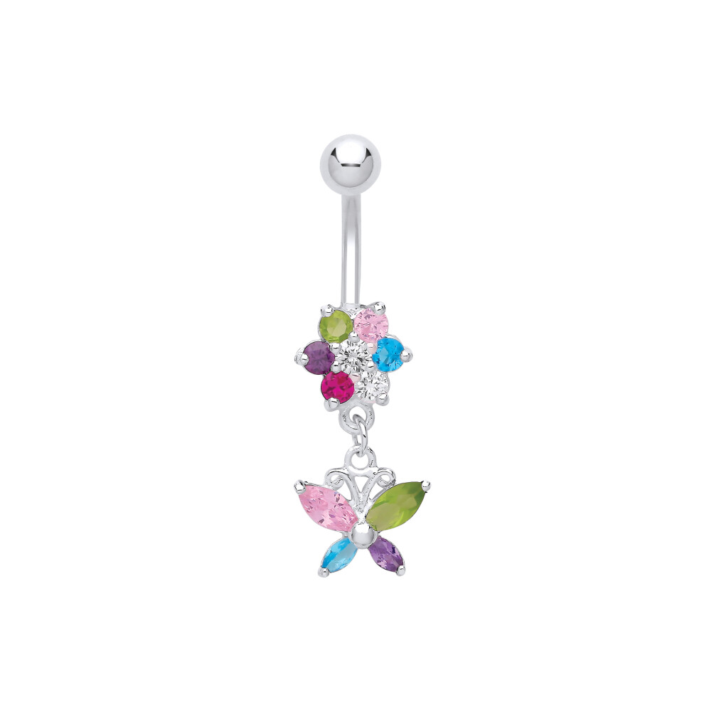 Jewelco London Silver Swiss Blue Pink Green Marquise CZ Butterfly Pastel Daisy with Stainless Steel Belly Bar & Ball - GBB60