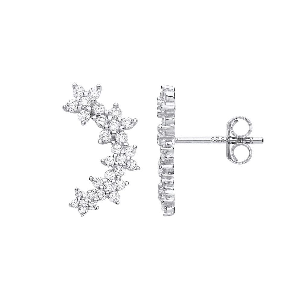 Jewelco London Ladies Rhodium Plated Sterling Silver CZ Trilogy Daisy Flower Cluster Drop Earrings - EAG1168