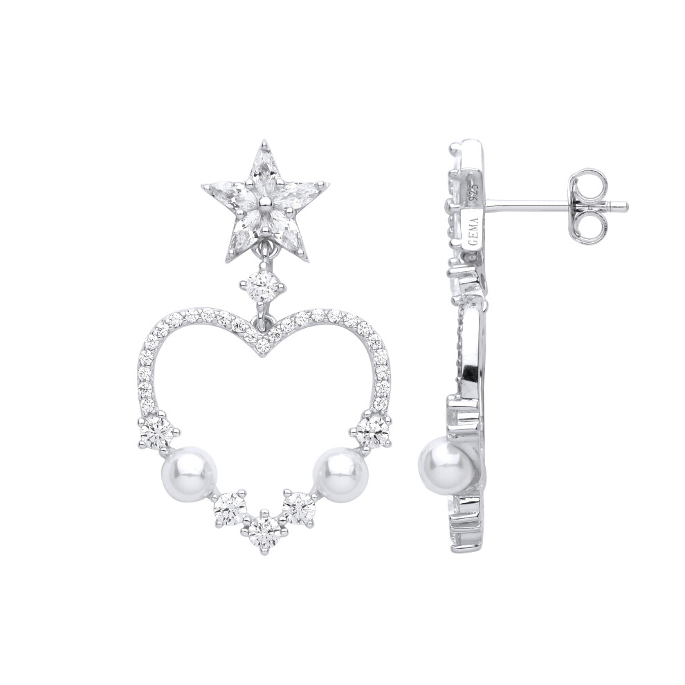 Jewelco London Ladies Rhodium Plated Sterling Silver Cream Marquise Pearl CZ Star Struck Love Heart Drop Earrings - EAG1005