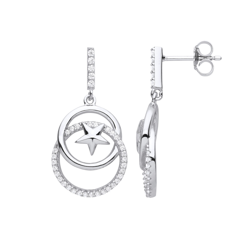 Jewelco London Ladies Rhodium Plated Sterling Silver CZ Stars Orbit Moon Circles Drop Earrings - EAG1110