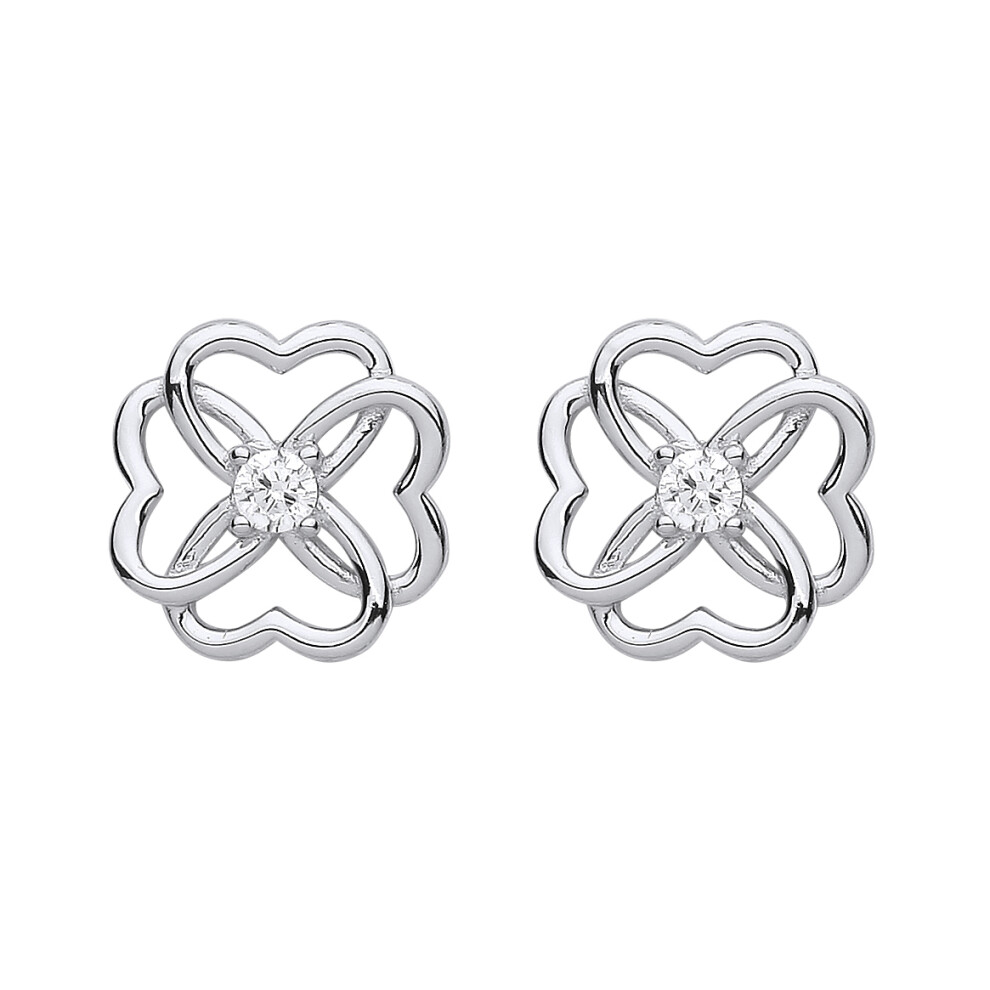 Jewelco London Ladies Rhodium Plated Sterling Silver CZ Love Heart Flower Knot 4 Leaf Clover Stud Earrings - EAG1169