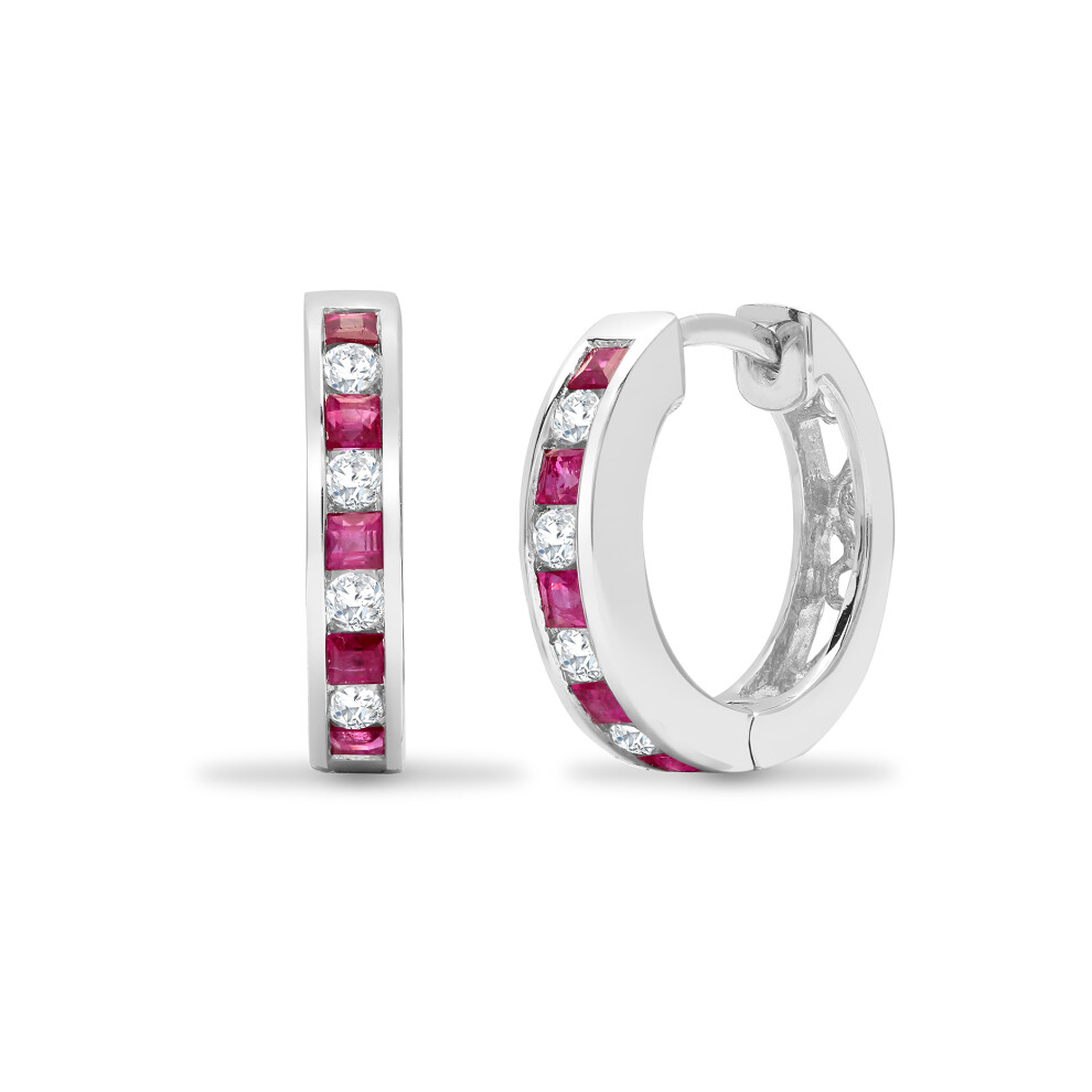 18ct White Gold  Diamond Ruby Eternity Huggie Hoop Earrings 15mm - 18E209