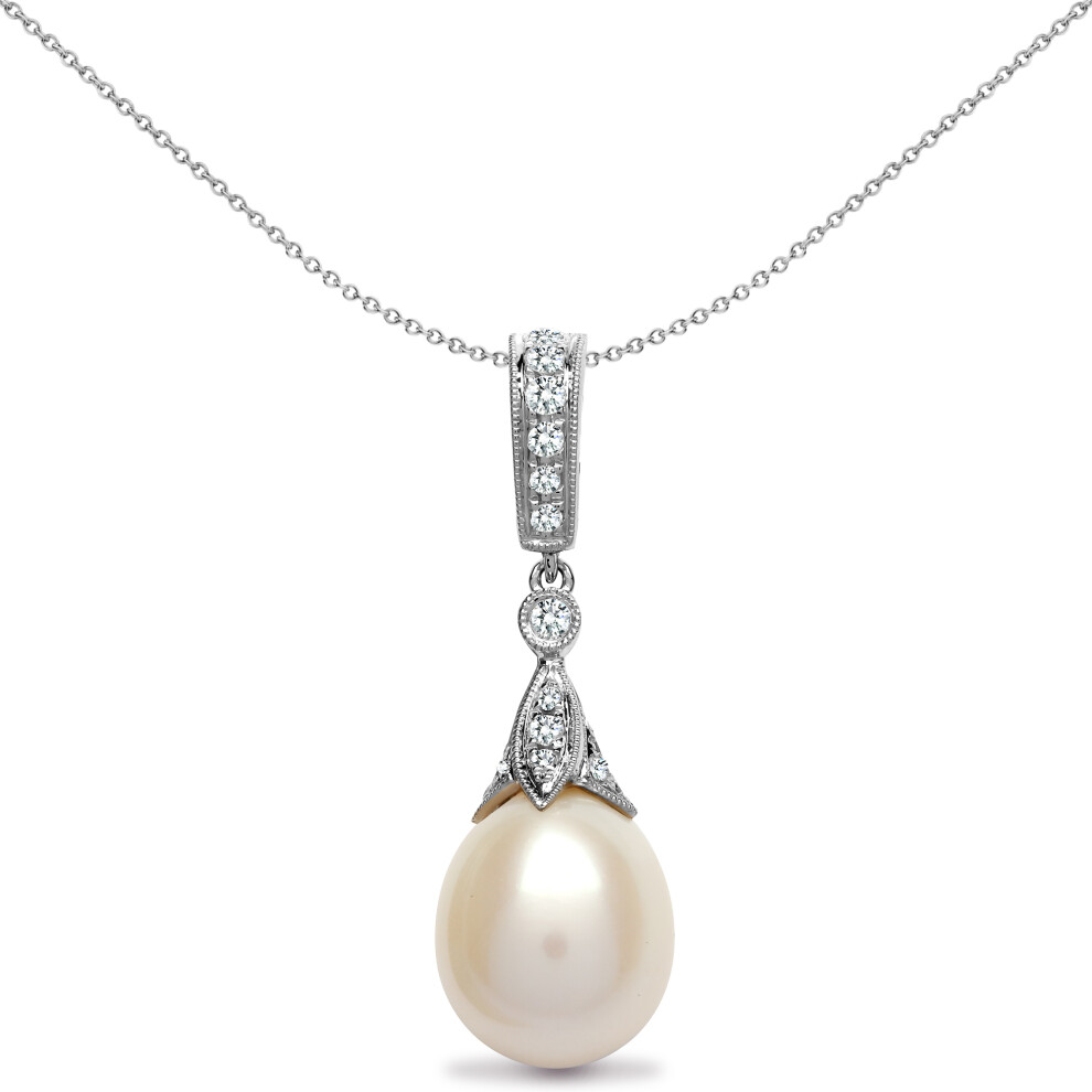 Jewelco London Ladies 18ct White Gold Rub Over Set Round G SI1 0.25ct Diamond and Oval Pearl Full Moon Drop Pendant - 18P151