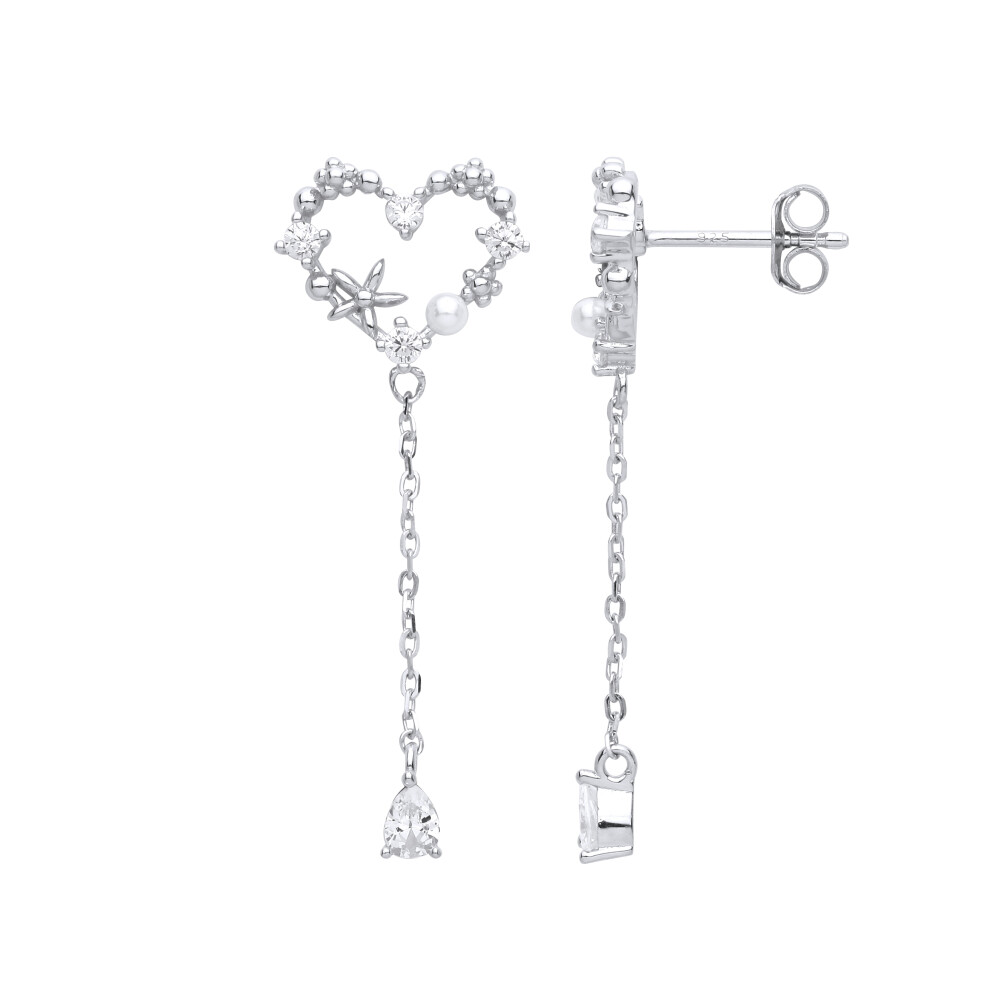 Jewelco London Ladies Rhodium Plated Sterling Silver Cream Pear Pearl CZ Love Heart Starfish Daisy Drop Earrings - EAG1001