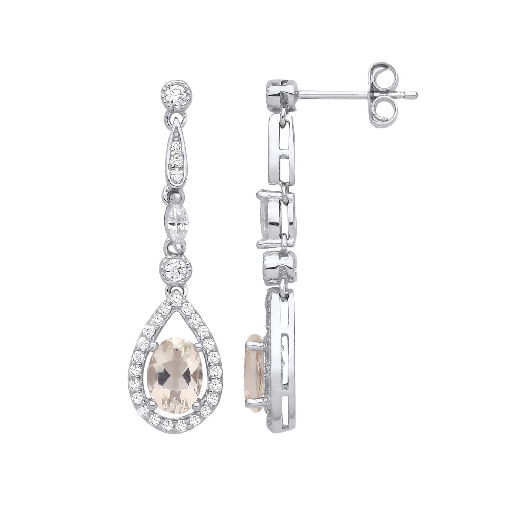 Jewelco London Ladies Rhodium Plated Sterling Silver Peach Oval Marquise CZ Raindrop Chandelier Pear Halo Drop Earrings - EAG1253