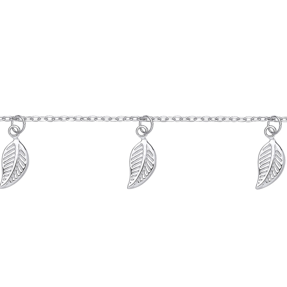 Jewelco London Ladies Rhodium Plated Sterling Silver 7 Lucky Feather Leaf Charm Bracelet 6.5 + 1 inch - GVB536