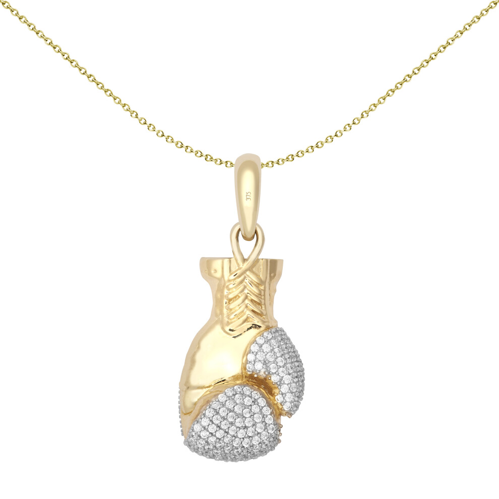 Jewelco London Solid 9ct Yellow and White Gold White Round Brilliant Cubic Zirconia Realistic 3D Single Boxing Glove Novelty Pendant, Medium - JPD595