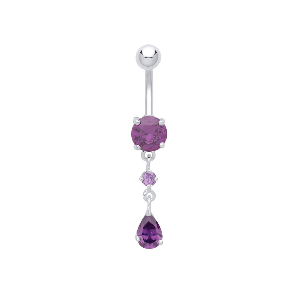 Jewelco London Ladies Sterling Silver Purple Pear CZ Trilogy Chandelier Drop with Stainless Steel Belly Bar & Ball - GBB53